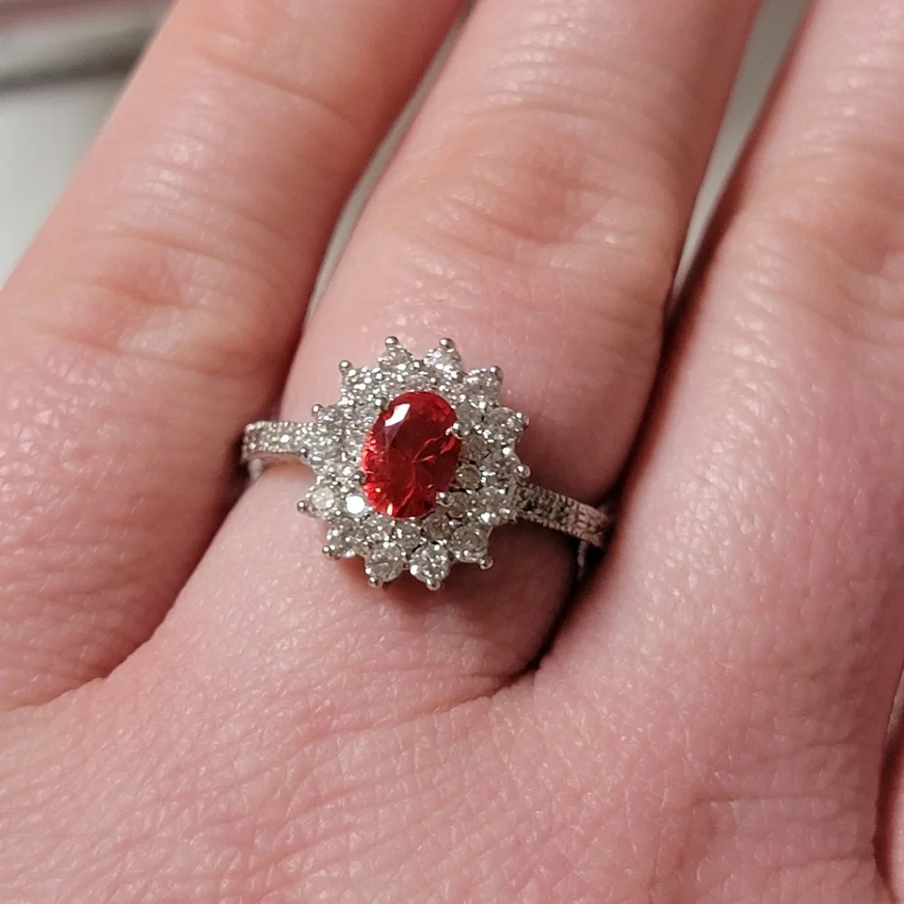 Gorgeous Halo Ruby and White Sapphire Simulated Stone Silver Tone Ring